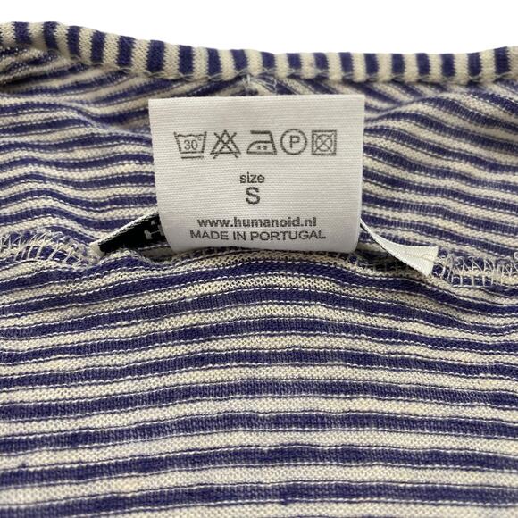 HUMANOID 100% Linen Blue White Stripe Linen Belted Top Size Small Long Sleeve - Picture 7 of 10